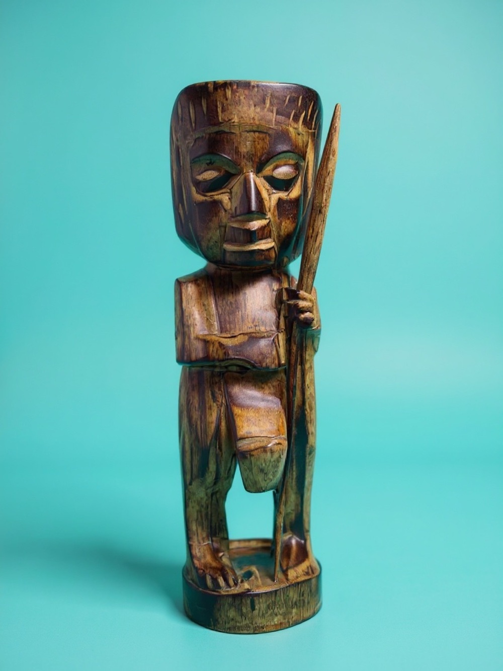 Hand Carved Wooden Tiki Figurine 9.5" | Primitive Tribal Warrior Statue